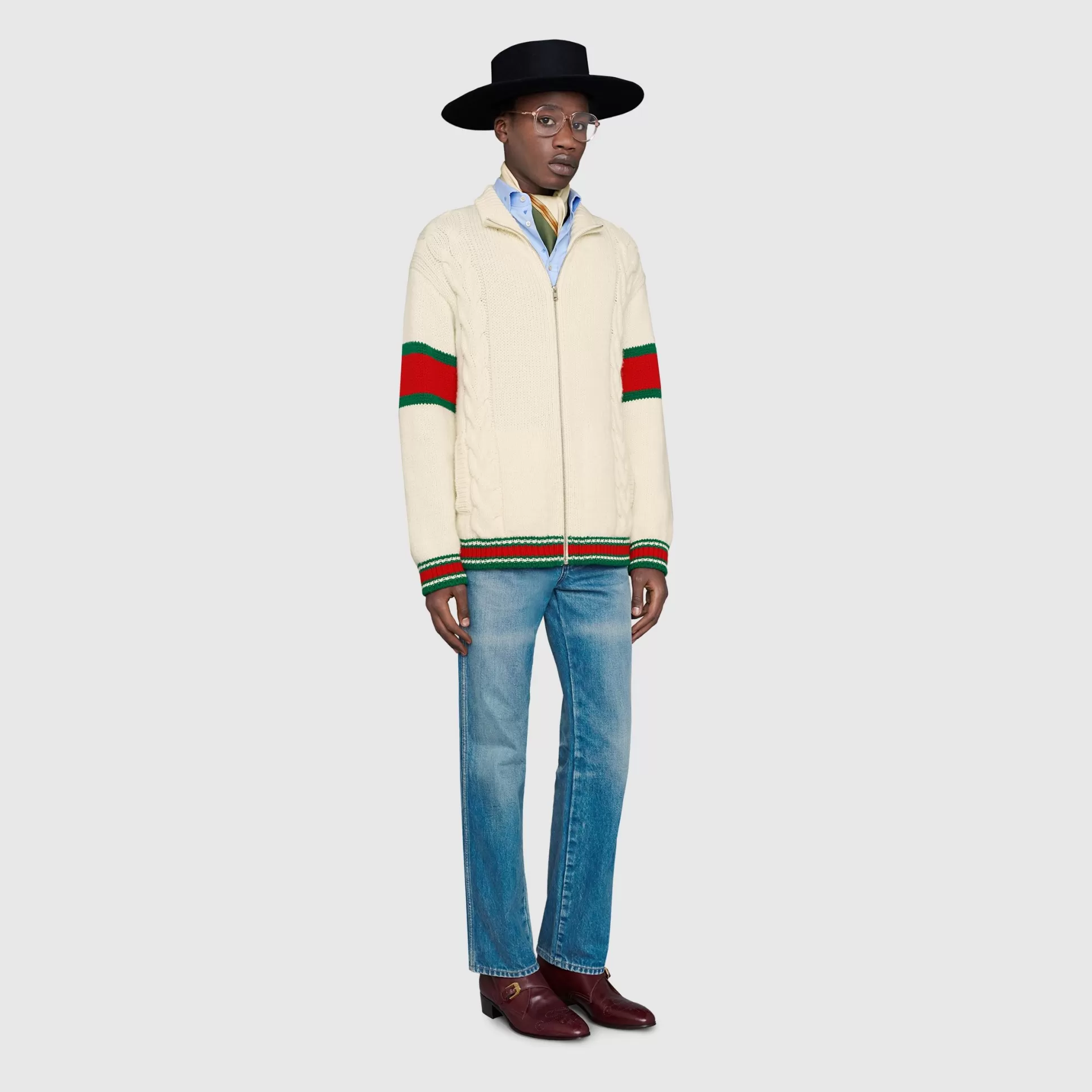GUCCI Cable Knit Bomber Jacket-Men Knitwear