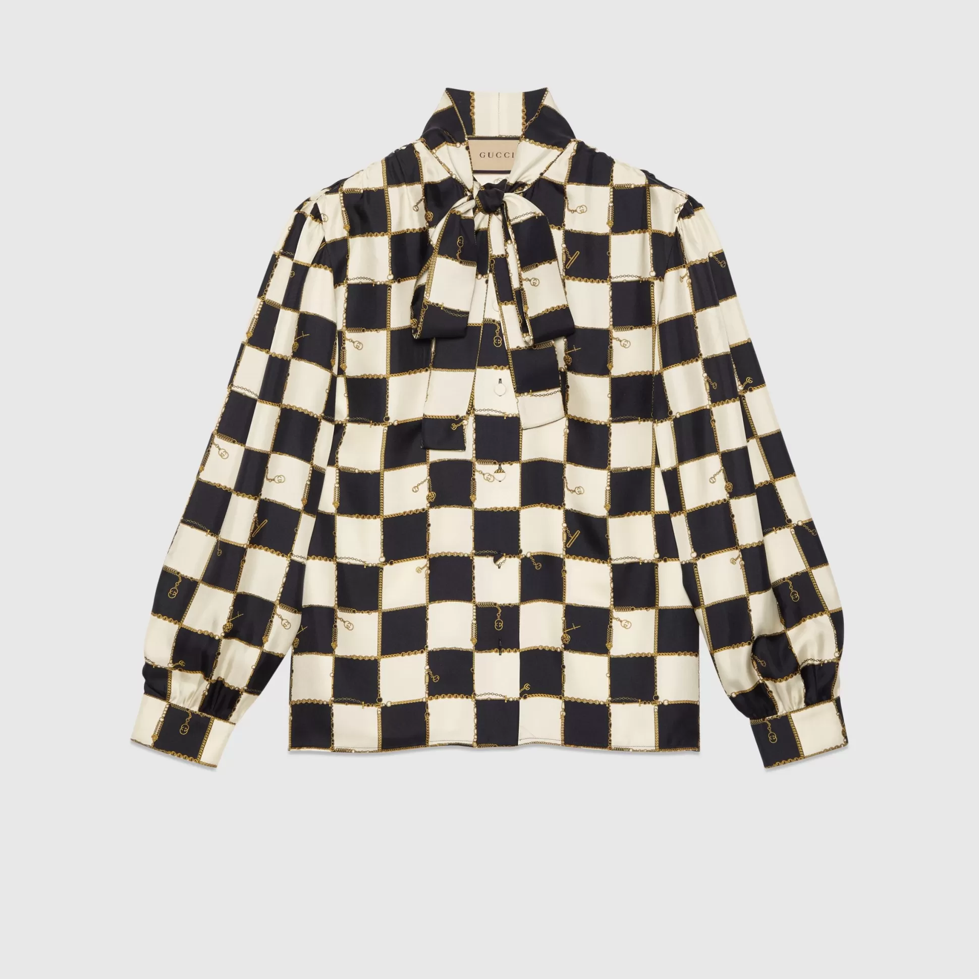 GUCCI Chain And Check Print Silk Shirt-Women Tops & Shirts