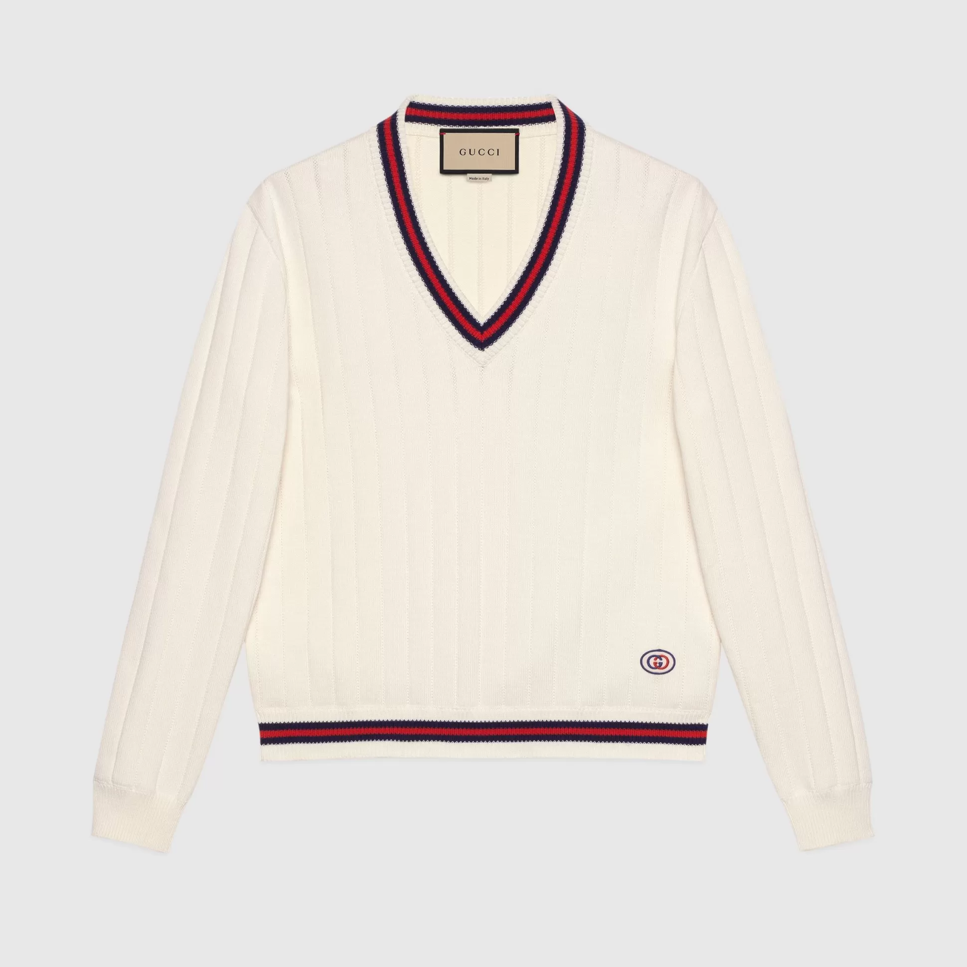 GUCCI Cotton Knit V-Neck Sweater With Web-Men Knitwear