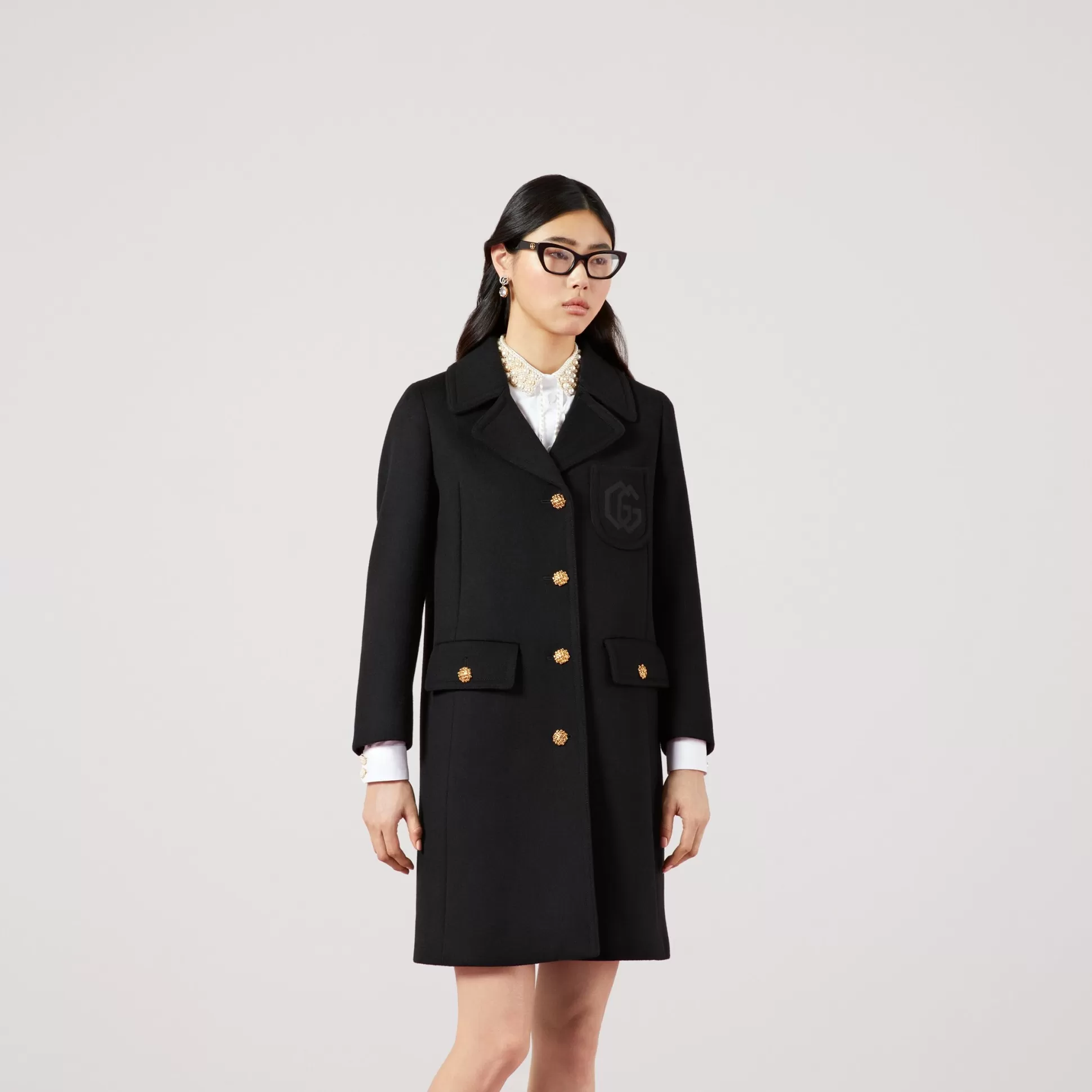 GUCCI Double G Embroidery Wool Coat-Women Coats & Jackets