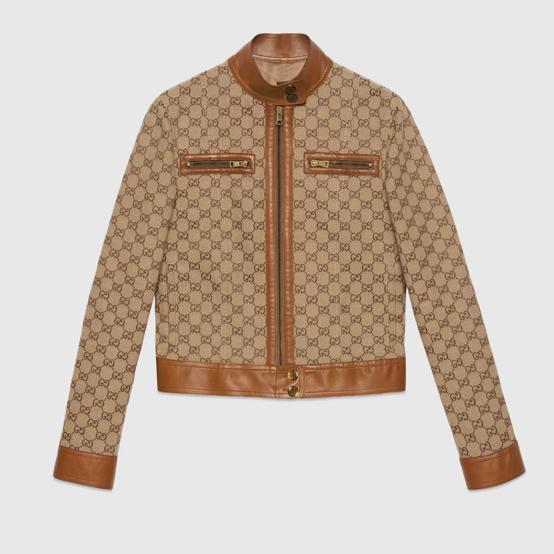 GUCCI Gg Canvas Jacket With Leather Trim-Women Leather