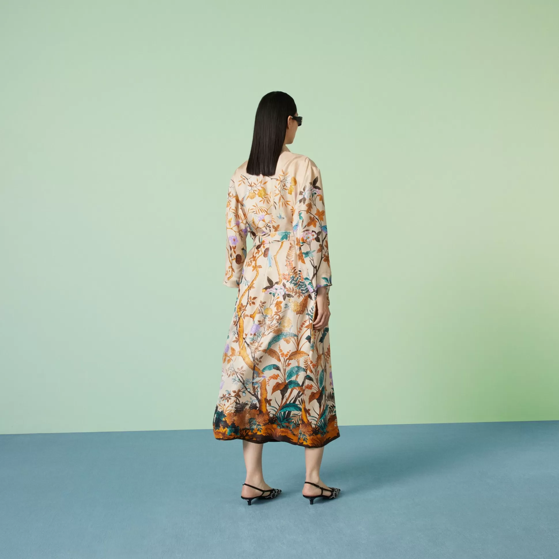 GUCCI Tian Print Silk Gown-Women Coats & Jackets